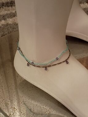 Italy Beaded 925 Chain Anklet Bracelet  with Purple And Blue Beads